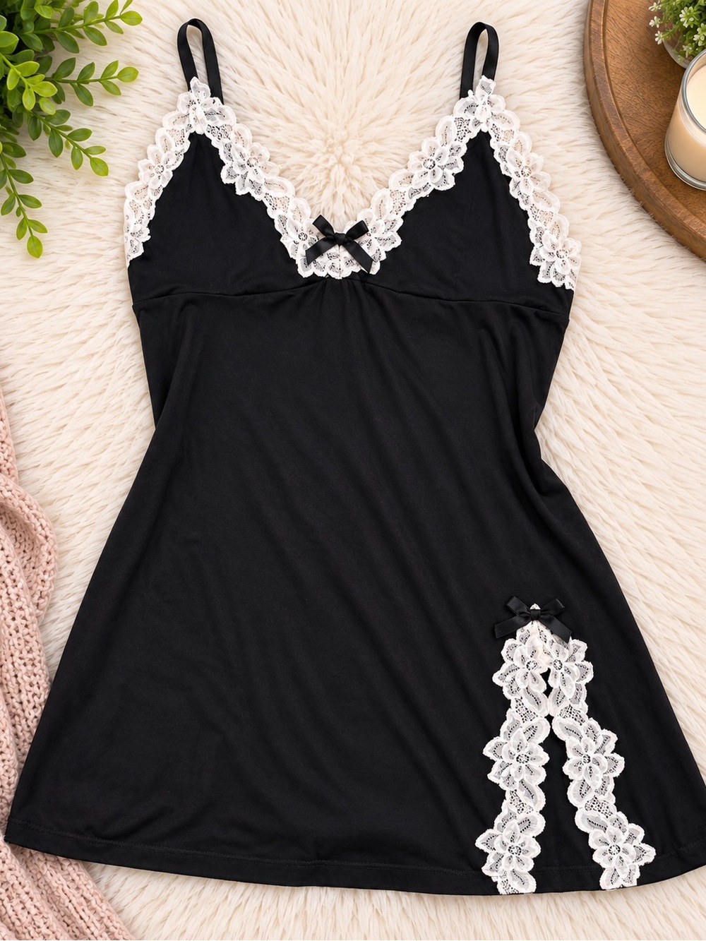 Women's Black Lace-Trim Chemise Nightdress